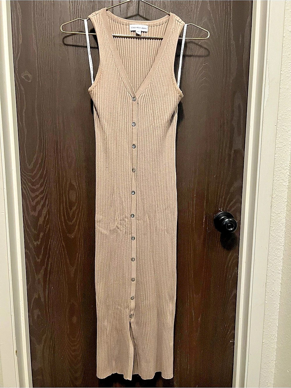 Calvin Klein Jeans Ribbed Button-Front Sleeveless Midi Dress Brown